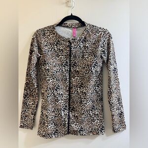 Betsey Johnson long-sleeve, full-zip leopard print swim top / coverup Size M